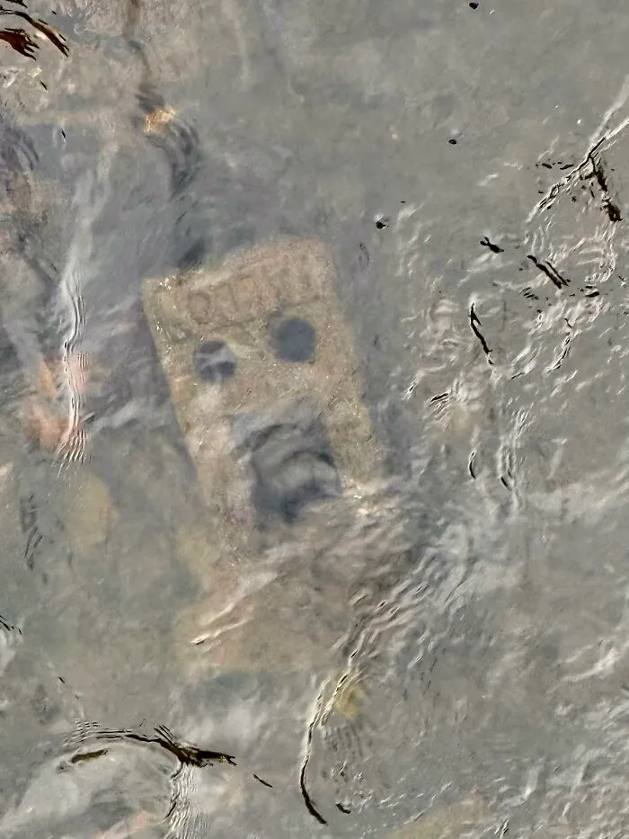 A face shape formed by natural patterns on a submerged object creating a pareidolia effect in water.