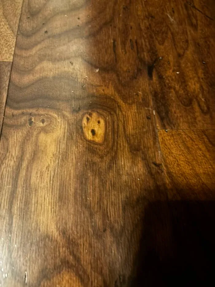 Wood grain pattern on floor resembling a surprised face, an example of pareidolia captured in a photograph.
