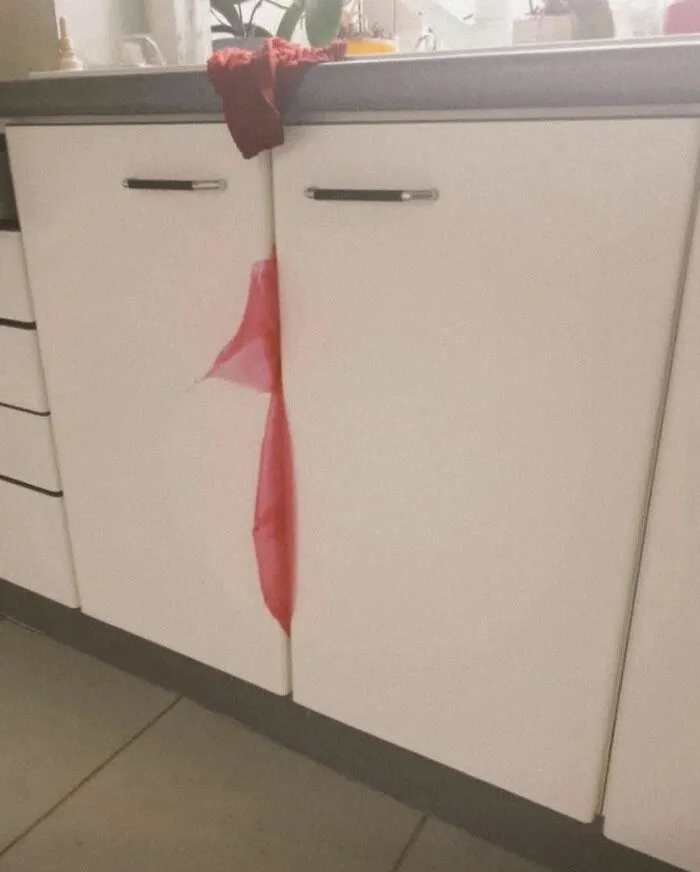 Kitchen cabinet doors with a red cloth creating pareidolia, resembling a hidden figure in an everyday setting.