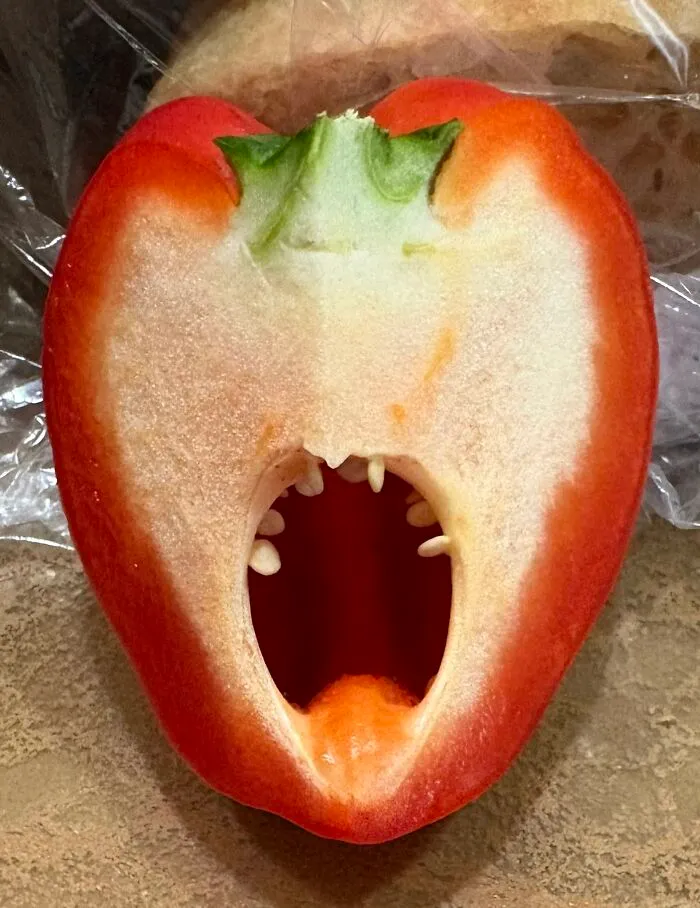 Red pepper sliced open showing seeds that resemble teeth, creating a pareidolia effect like a screaming face.