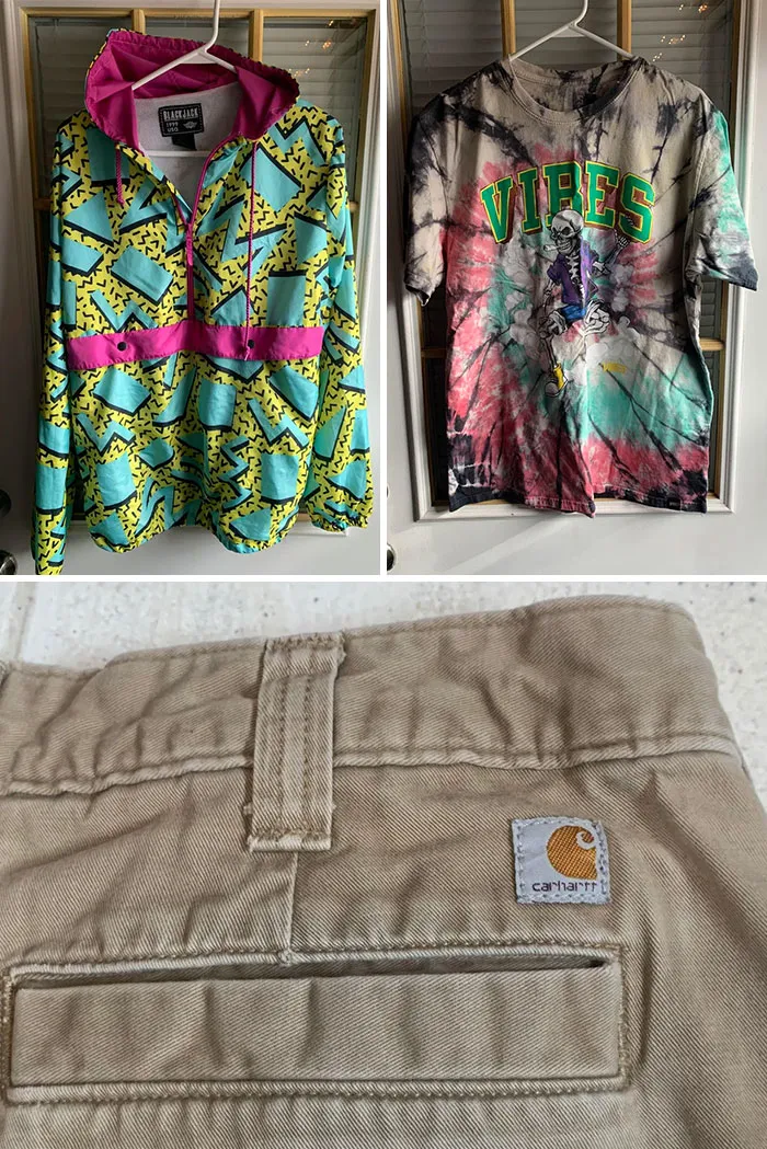 A gold bar (Carhartt pants, 90s jacket, tie-dye shirt) found in Goodwill bins.