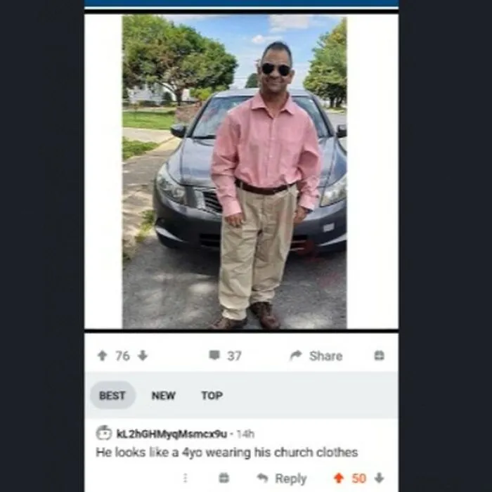 Man in pink shirt and khakis by a car, with a comment below that's one of those rare burns.