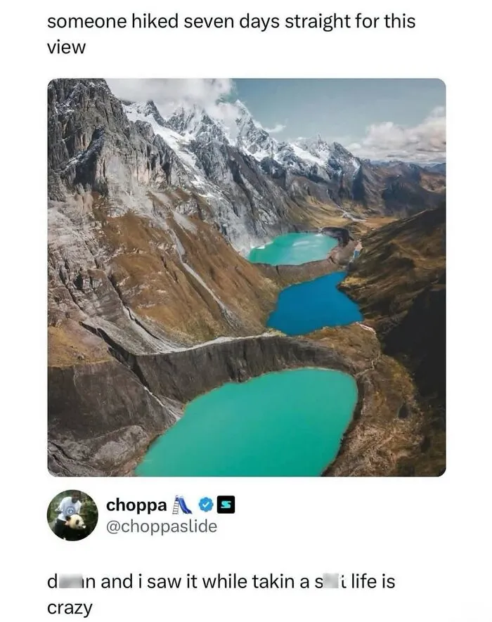 Mountain lakes view after hiking for godless comments meme