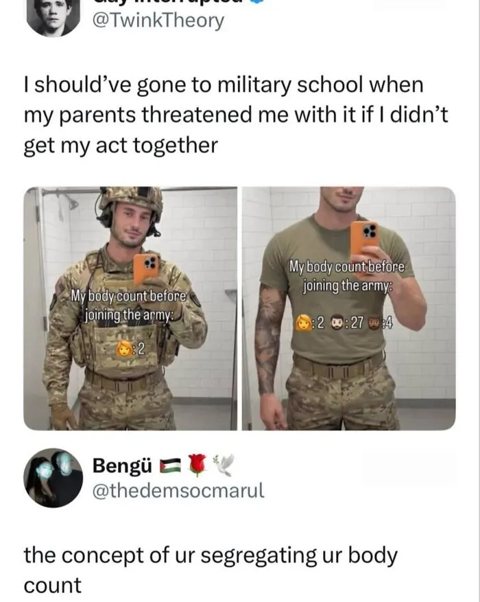 Army photos comparing body counts in godless comments meme