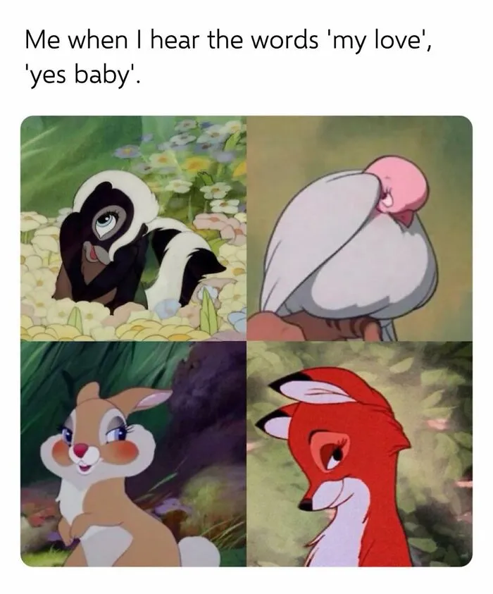 Relatable couple meme with cute animated animals reacting to terms of endearment