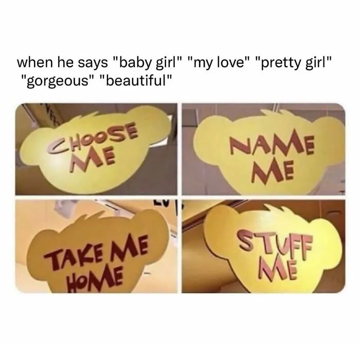 Images of four teddy bear tags with phrases expressing love in couple memes