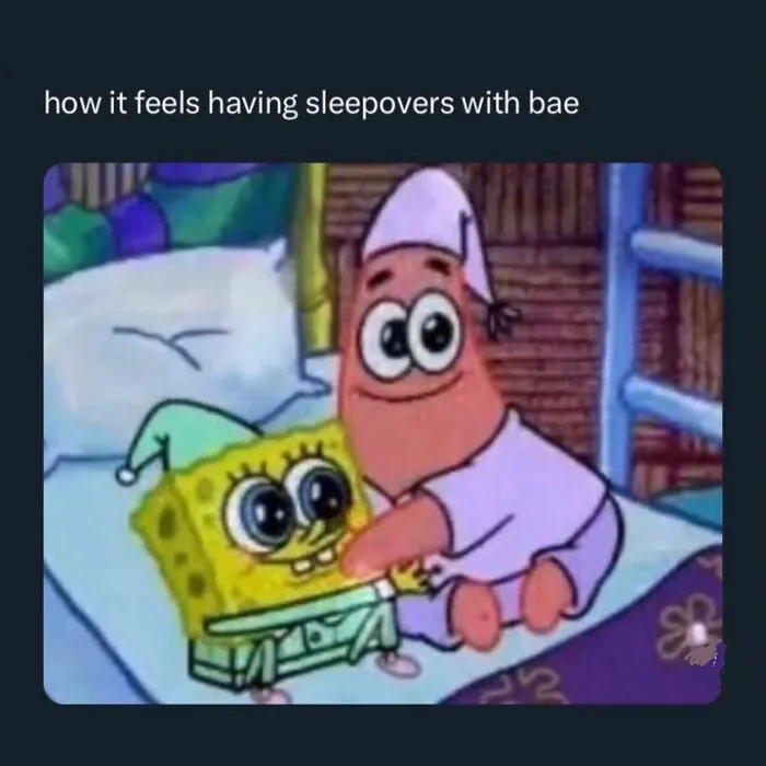 Humorous meme about sleepovers with bae featuring Patrick and SpongeBob