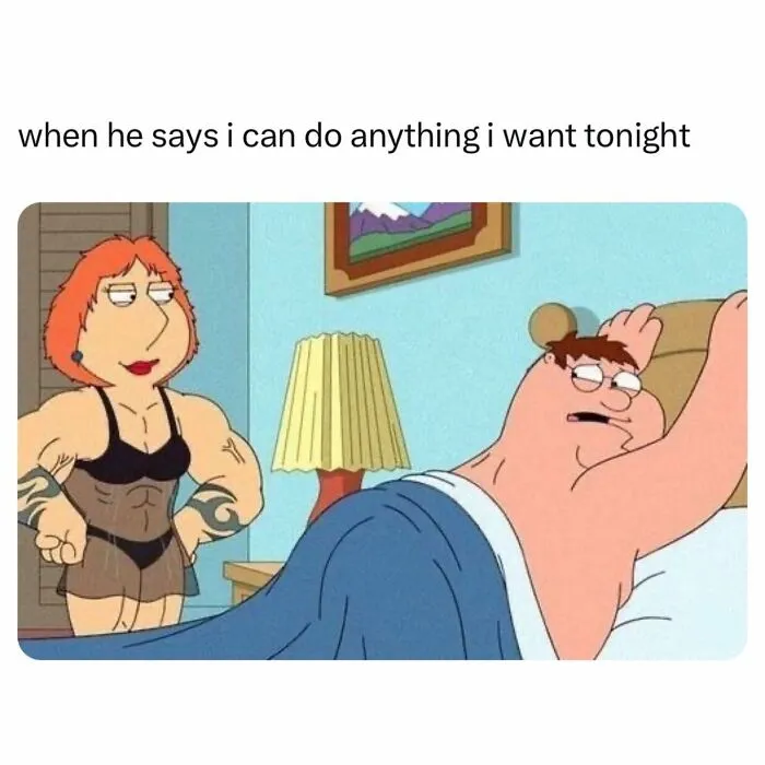 Cartoon couple with muscular woman and man in bed in funny couple memes