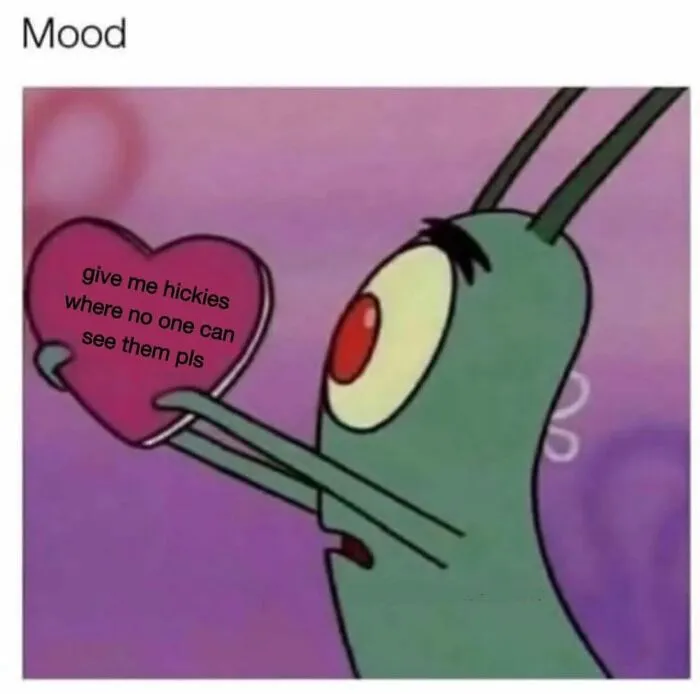 Cartoon character holding heart with text about giving hickies about couple memes