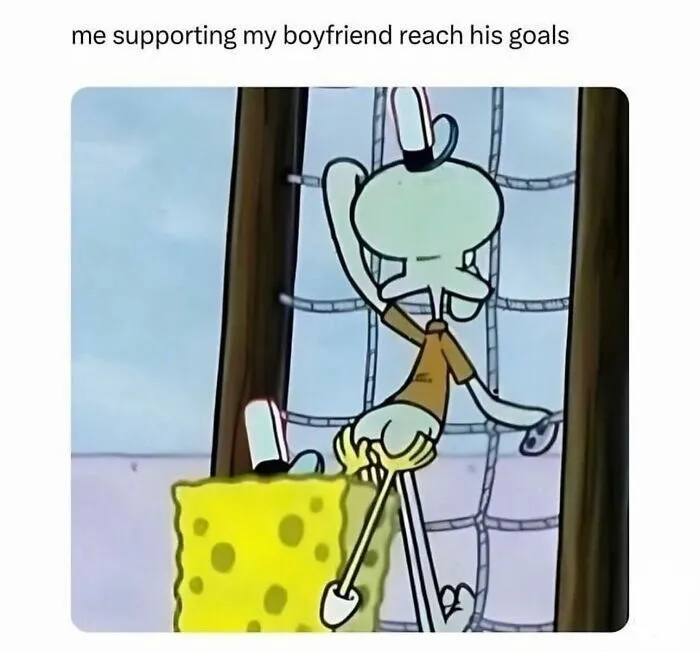 SpongeBob helping Squidward climb with caption about supporting boyfriend's goals couple memes