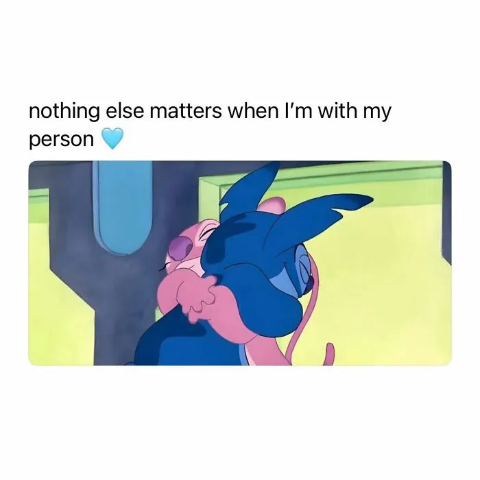 Cute couple meme with characters hugging and message about being with person