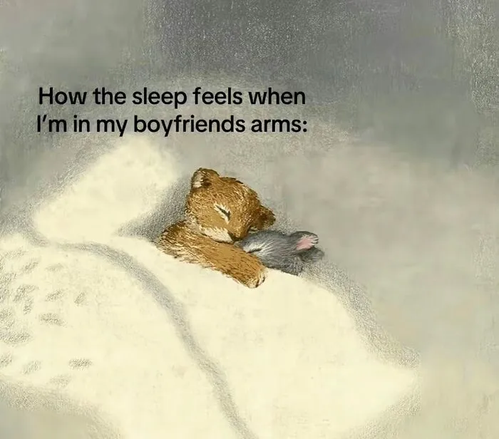 Romantic couple meme about sleep feeling safe in boyfriend's arms