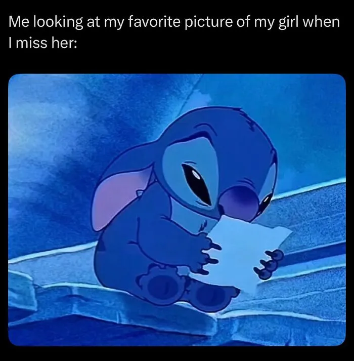 Sad Stitch looking at favorite picture of girlfriend couple meme