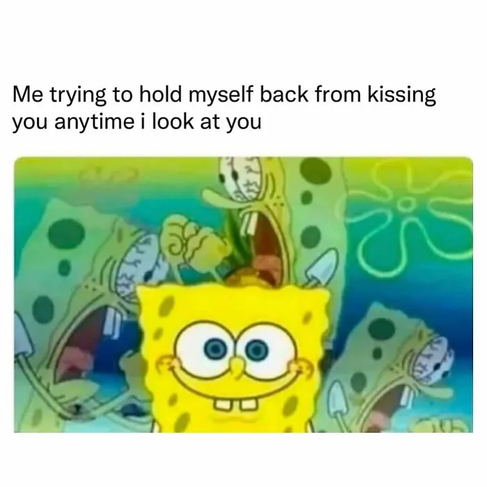 SpongeBob meme about holding back from kissing partner funny couple meme