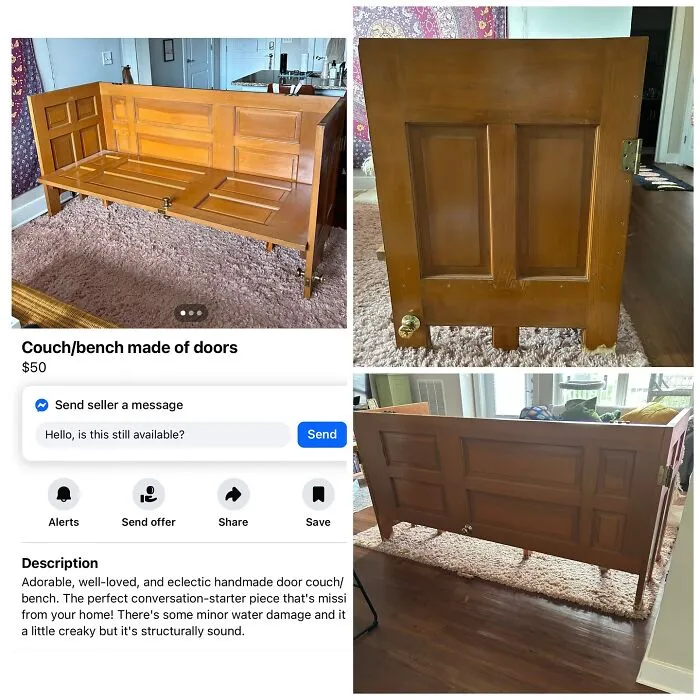 Handmade couch bench made from wooden doors for sale