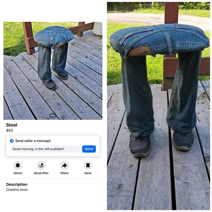 Creative stool designed to look like a pair of jeans and shoes