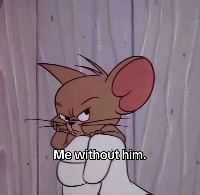 Tom from Tom and Jerry looking upset with caption me without him couple memes