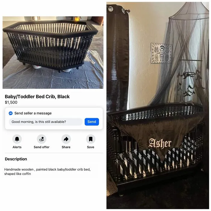 Black wooden baby crib shaped like a coffin for toddlers