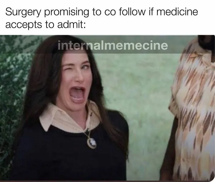 Medical meme: woman winking and yelling, representing doctors and nurses in a funny medical scenario.