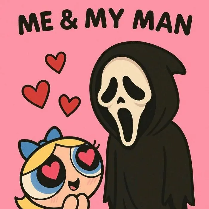 Couple meme of cartoon girl with hearts and spooky character