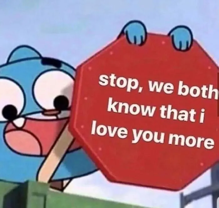 Funny couple meme with cartoon holding stop sign about love