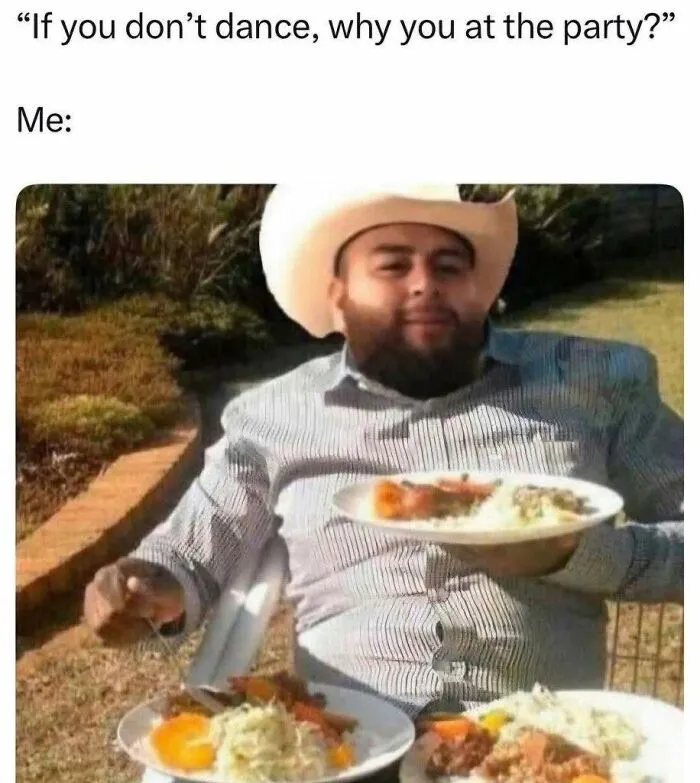 Man in cowboy hat at party meme about dancing