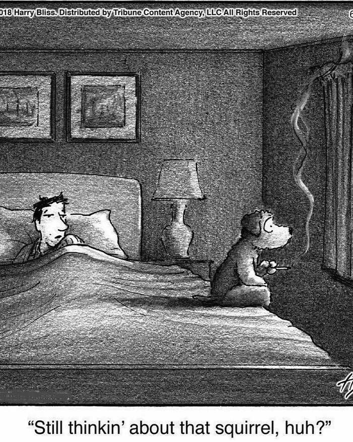 A wholesome and humorous one-panel dog comic of a dog smoking next to a man in bed. Humorous dog comics.