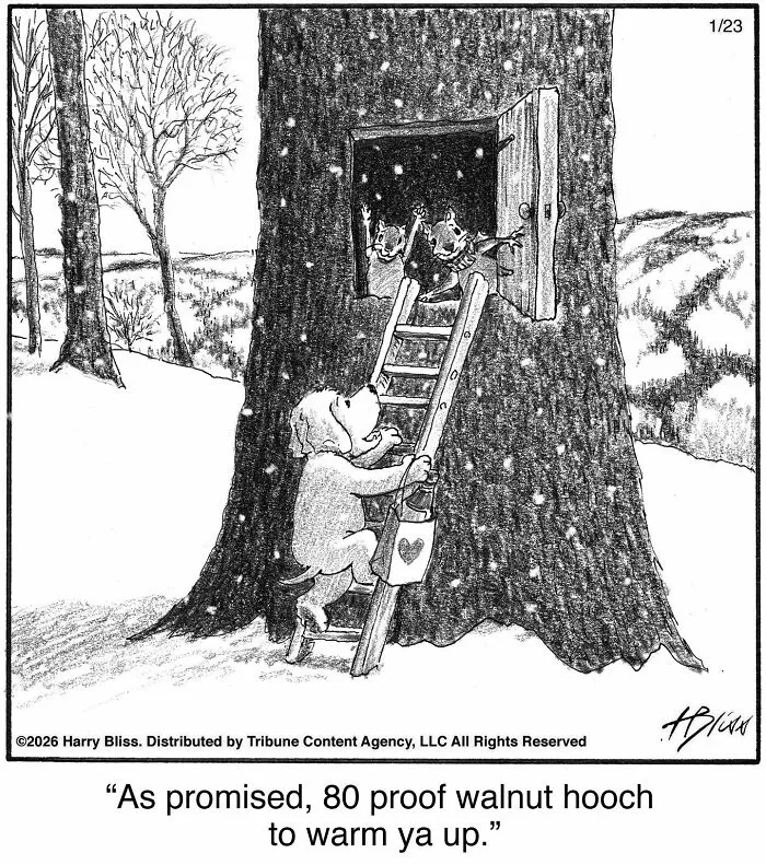A dog climbs a ladder to a treehouse to deliver something to squirrels in a humorous dog comic. Dog comics.