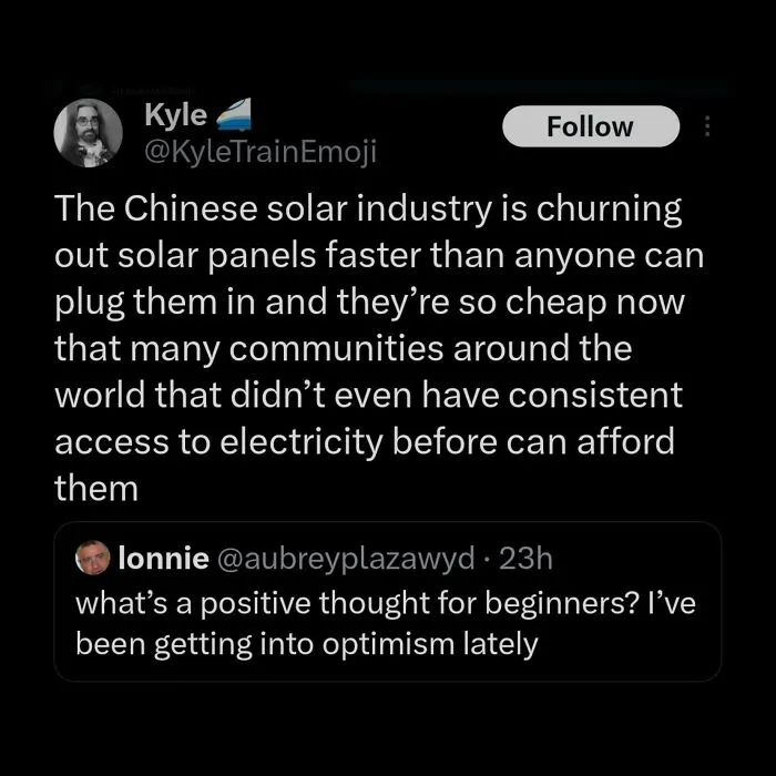 A social media post about cheap solar panels, responding to a question about positive thoughts. Might make your day!