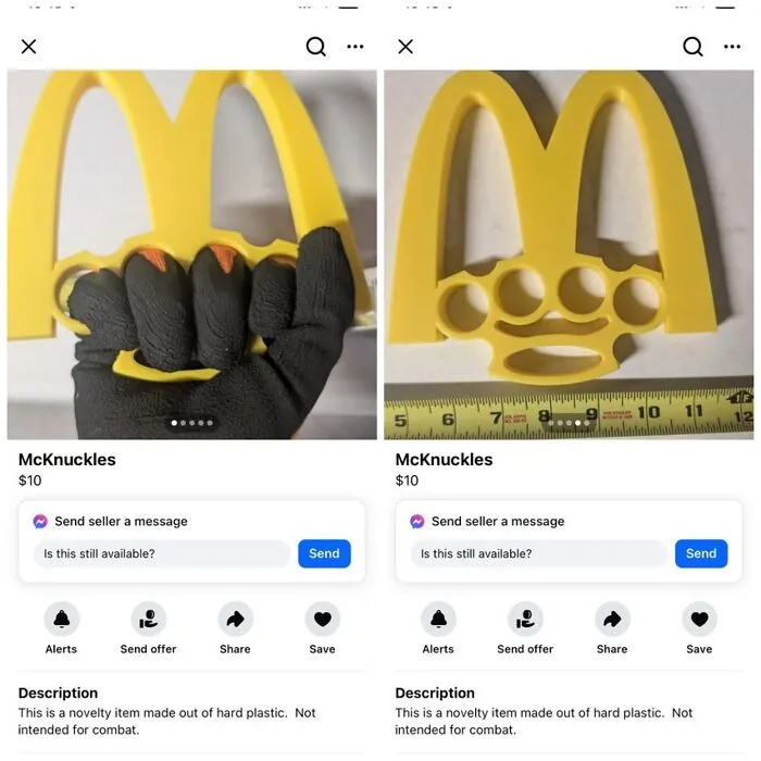 Novelty McKnuckles item made of hard plastic on Facebook Marketplace