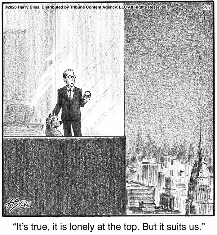 A wholesome and humorous one-panel dog comic with a man and his dog looking over a city. One-panel dog comics.