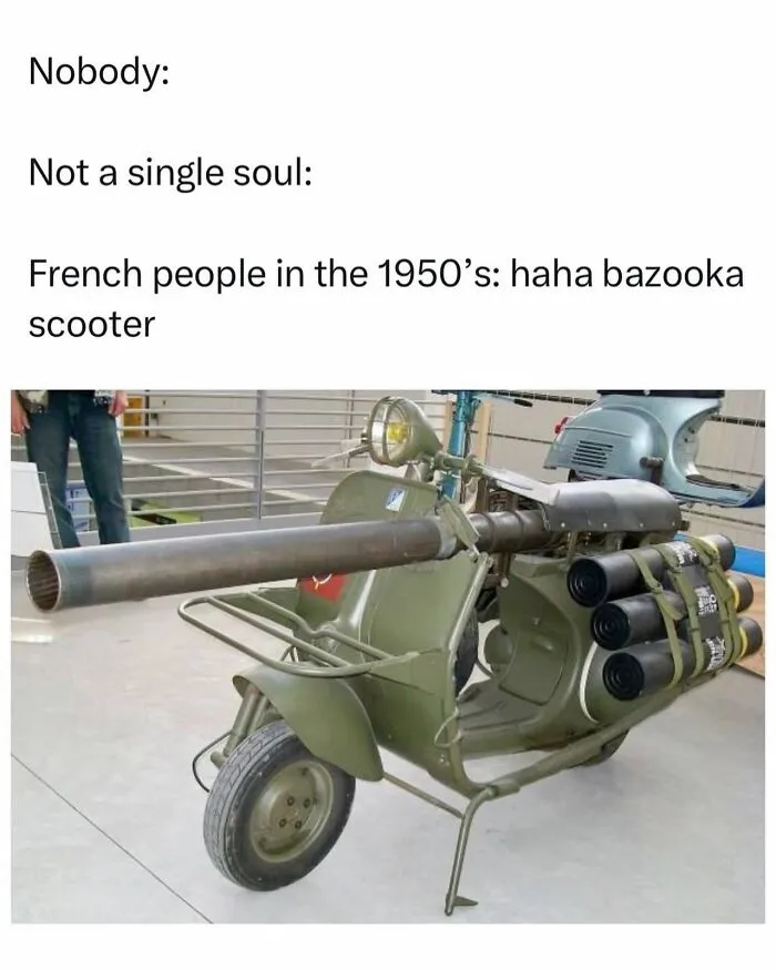 Military-style scooter with bazooka attachment from 1950s French origin