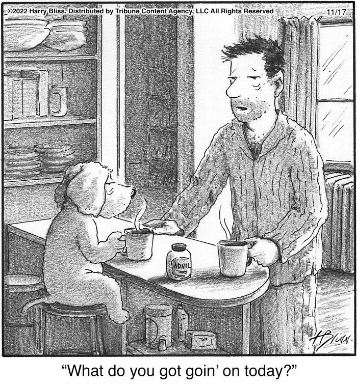 A wholesome and humorous one-panel dog comic featuring a man and his dog drinking coffee. Dog comics.