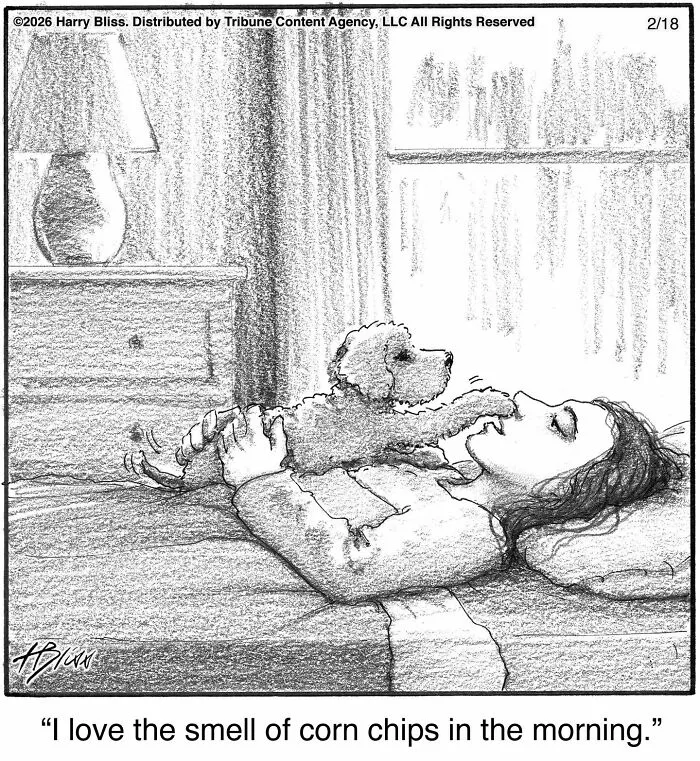 A wholesome one-panel dog comic: a fluffy dog licking a sleeping woman's face, who says, I love the smell of corn chips.