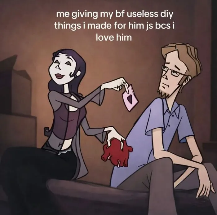 Humorous meme about giving DIY gifts to boyfriend out of love