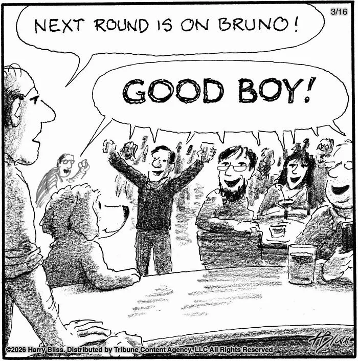 A New Yorker cartoon in a bar where people cheer a dog, featuring wholesome and humorous one-panel dog comics.