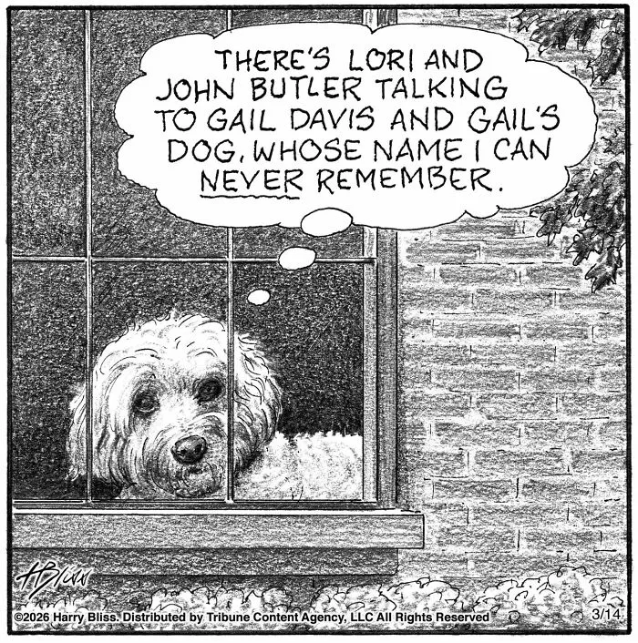 A New Yorker cartoon with a dog looking out a window, thinking about people and another dog, part of humorous dog comics.