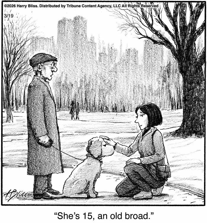 A New Yorker cartoon shows a woman petting a dog while a man on a leash watches, featuring humorous dog comics.