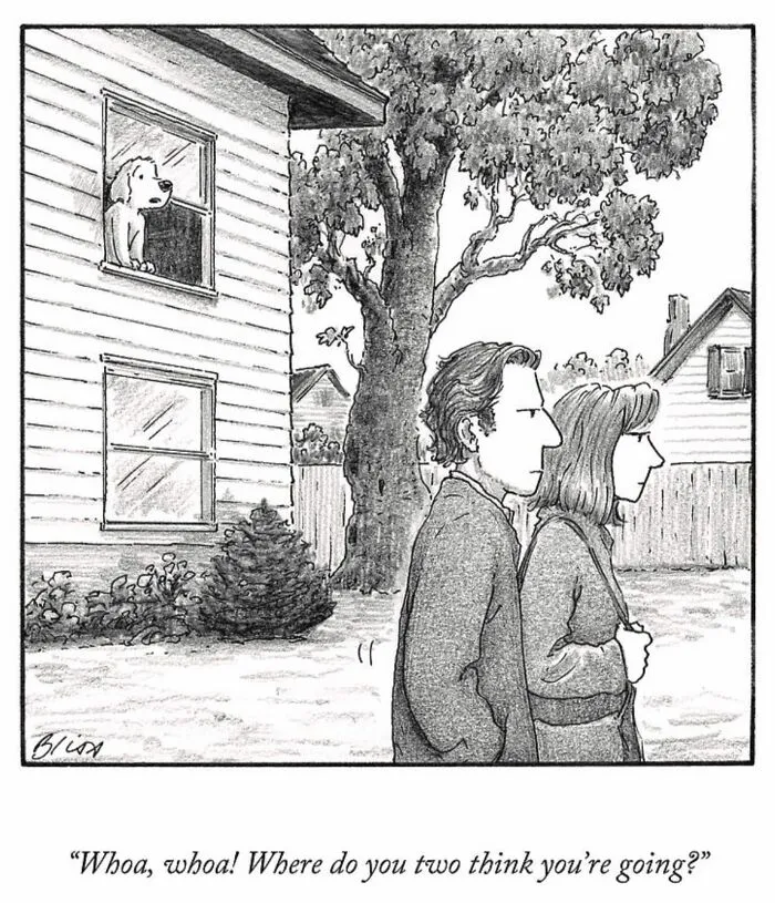 A New Yorker cartoon depicts a dog looking out a window at a couple walking away from the house, humorously questioning their departure.