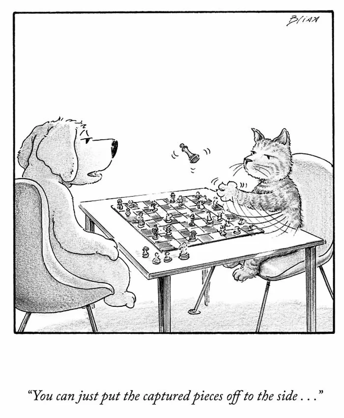 A wholesome and humorous one-panel dog comic where a dog plays chess with a cat, who is throwing pieces.