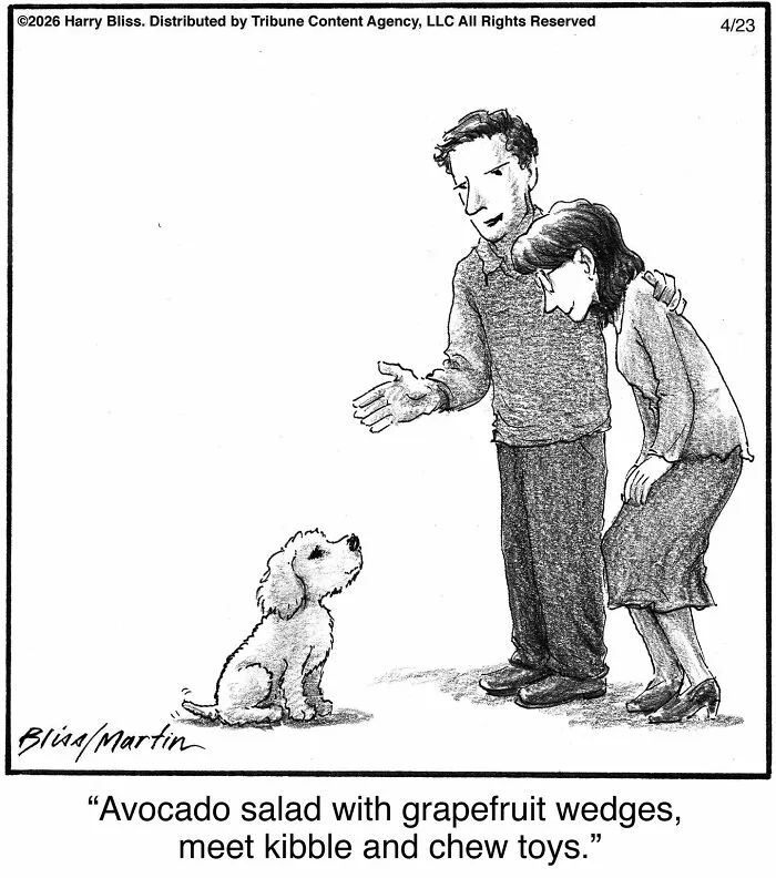 A wholesome and humorous one-panel dog comic shows a couple introducing their new puppy to fancy food names.