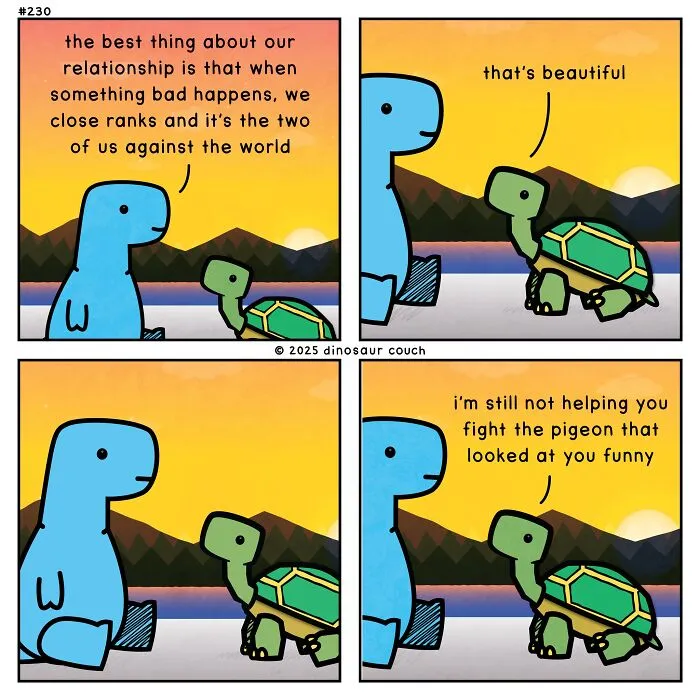 A dinosaur couch comic featuring a dinosaur and a turtle, depicting a sweet and relatable anxiety humor moment.