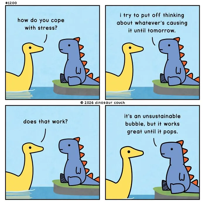 A dinosaur couch comic where two dinosaurs discuss coping with stress, a relatable anxiety humor illustration.