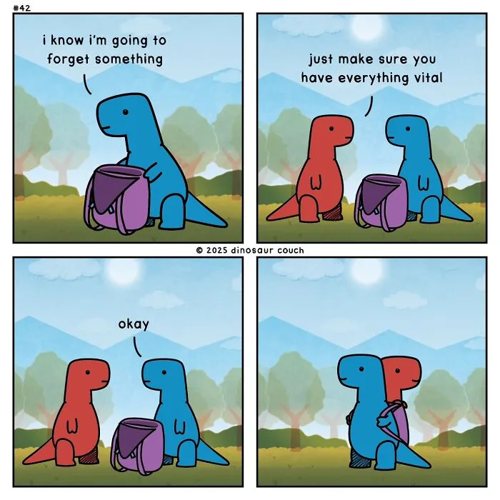 Dinosaur Couch comic illustrating anxiety about forgetting something, with a blue and red dinosaur.
