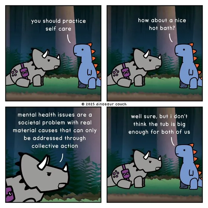 Dinosaur Couch comic about self-care and anxiety, with two dinosaurs discussing a bath.