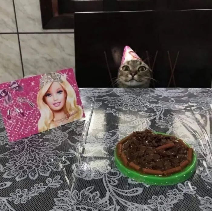 A funny cat wears a party hat, looking surprised above a table with a Barbie card and a bowl of food.