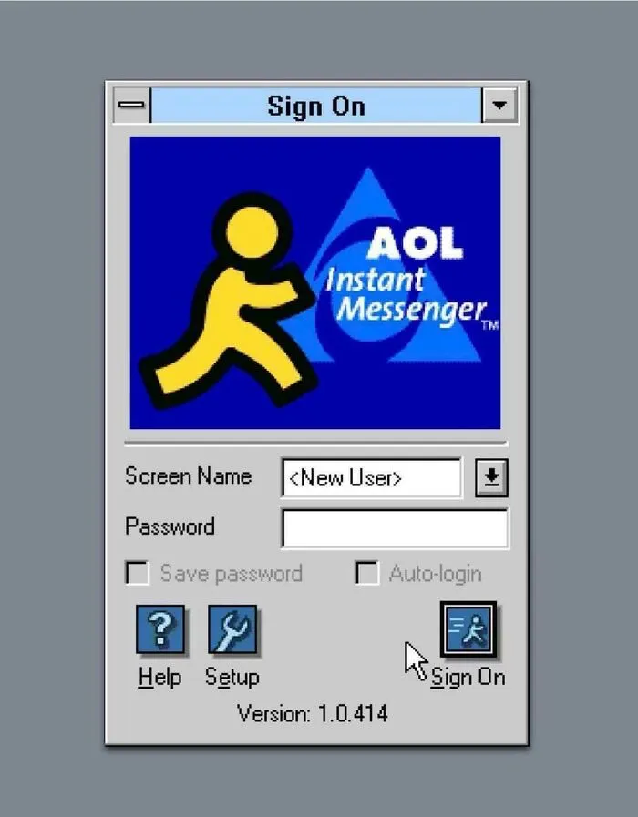 An AOL Instant Messenger sign-on screen, a throwback meme for 90s kids, displaying a vintage internet interface.