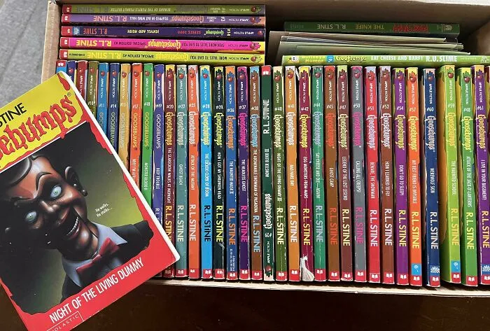 A collection of Goosebumps books, a throwback meme for 90s kids, showcasing vintage horror stories by R.L. Stine.