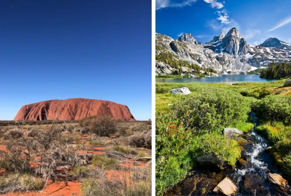 Uluru in the desert, and a lush mountain landscape with a lake and stream. Icons of South Australia.