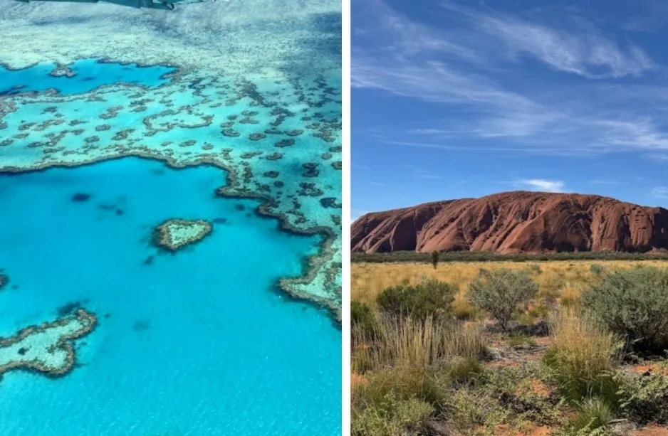 Aerial view of the Great Barrier Reef and Uluru, showcasing icons of South Australia. Vibrant blue water and arid landscape.
